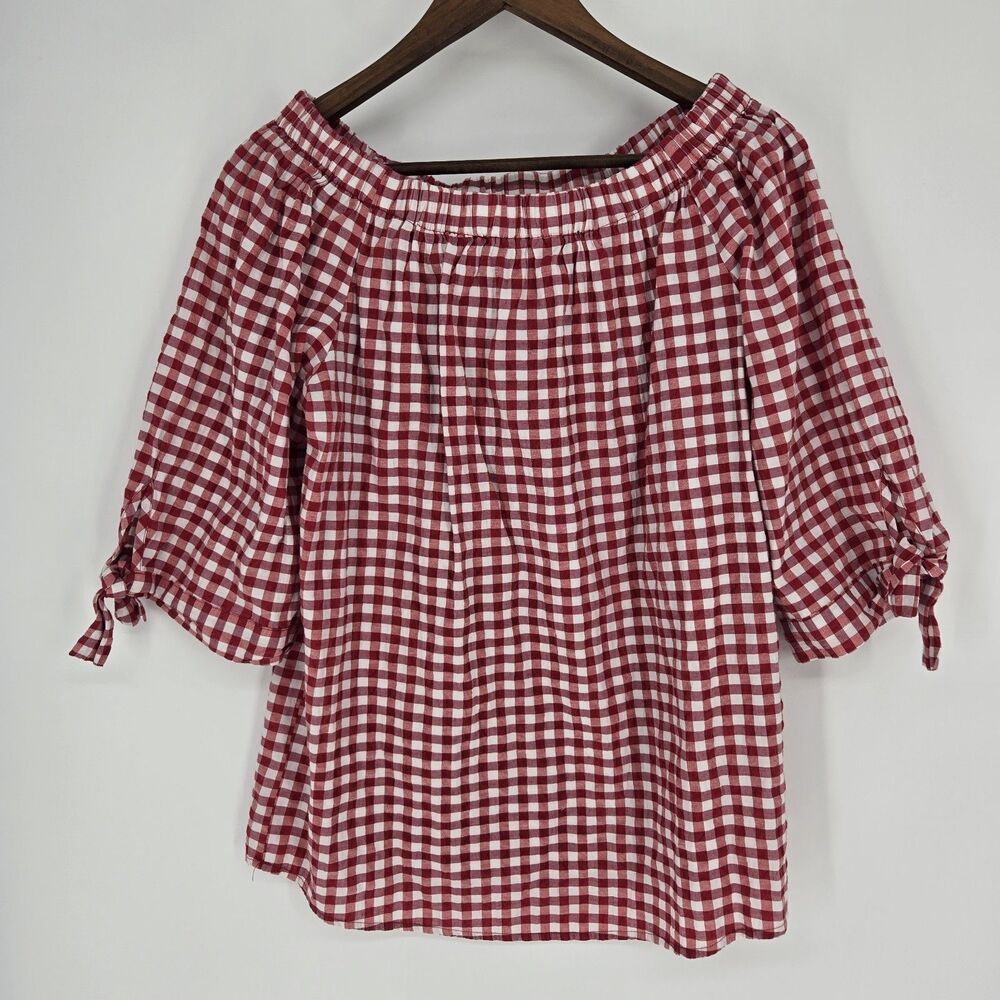 Per Se Red Gingham Plaid Prairie Blouse Off Shoulder Large